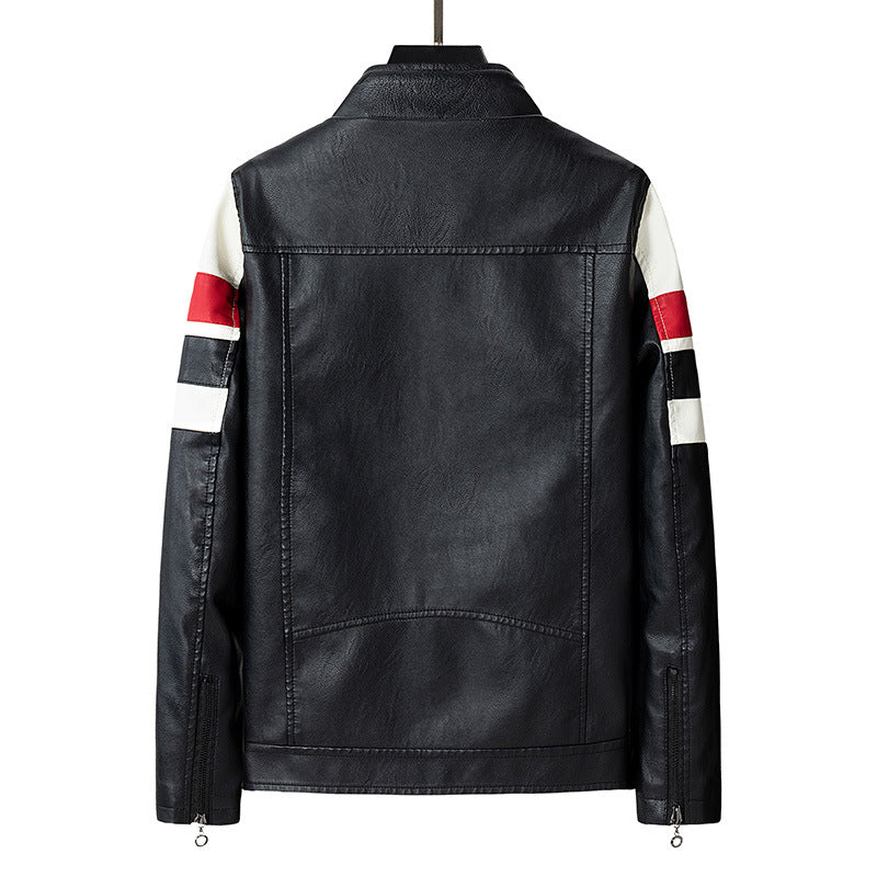 Men's Biker Leather Jacket in Racing Look with Contrast Stripes and Stand-up Collar Fashion Glam