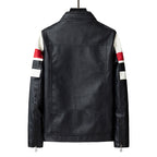 Men's Biker Leather Jacket in Racing Look with Contrast Stripes and Stand-up Collar Fashion Glam