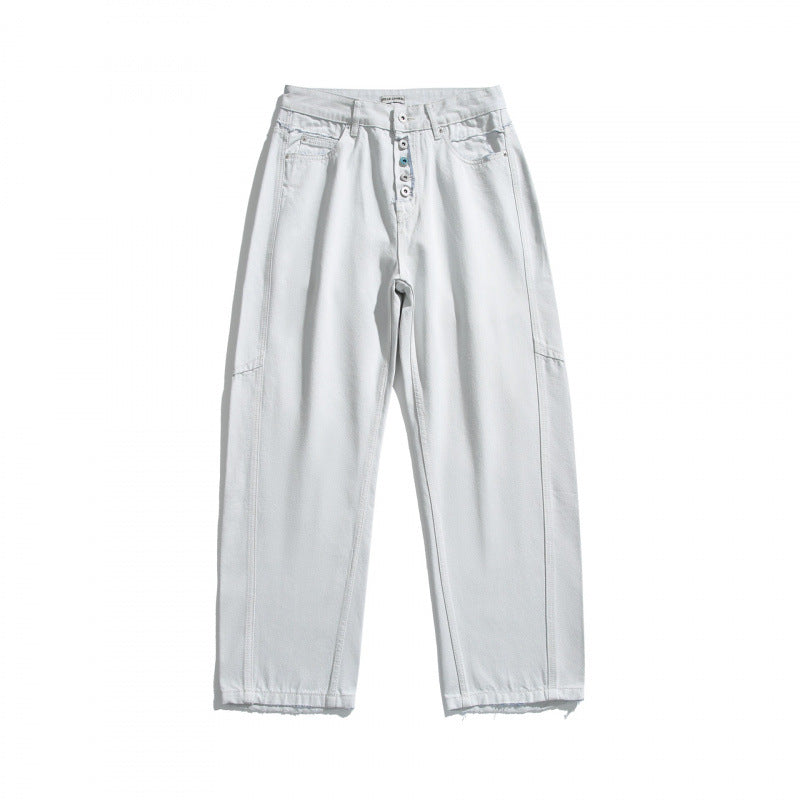 Women's Wide High-Waist Cropped Jeans with Visible Button Placket, Raw Hem and Utility Seams Fashion Glam