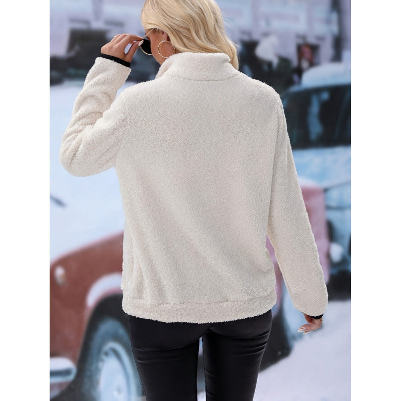 Women's fluffy fleece cuddle pullover with half zipper, kangaroo pocket and stand-up collar Fashion Glam