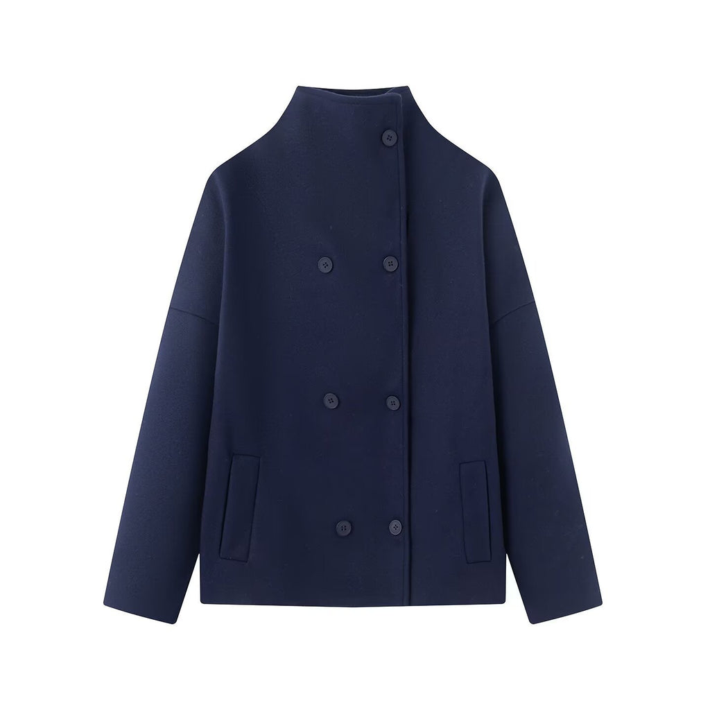 Women Short Cut Double Breasted Wool Blend Cocoon Coat with Stand-up Collar Fashion Glam
