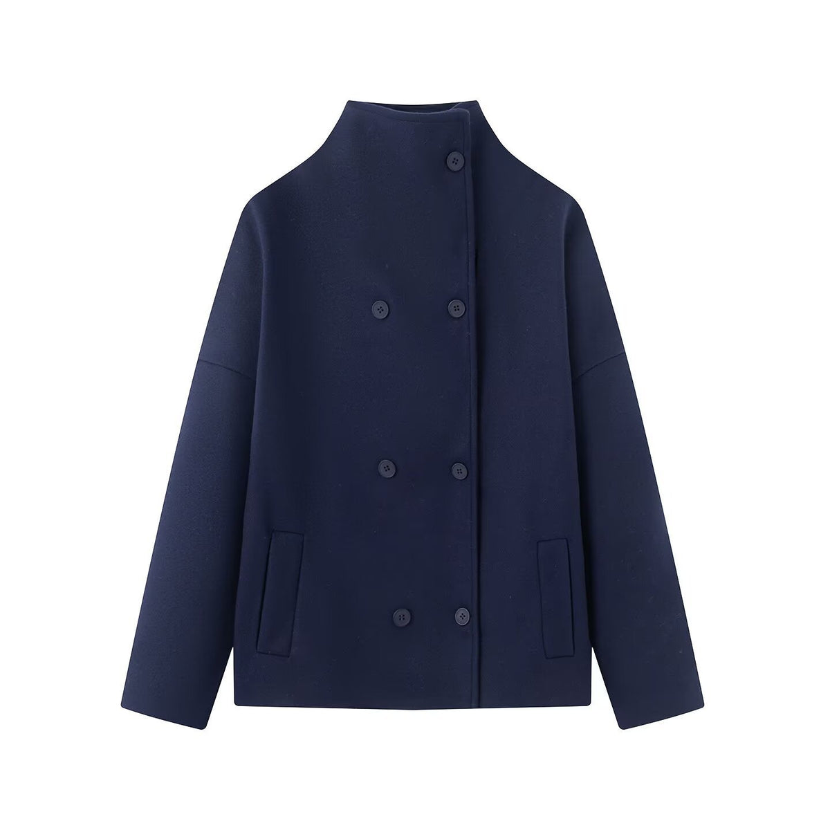 Women Short Cut Double Breasted Wool Blend Cocoon Coat with Stand-up Collar Fashion Glam