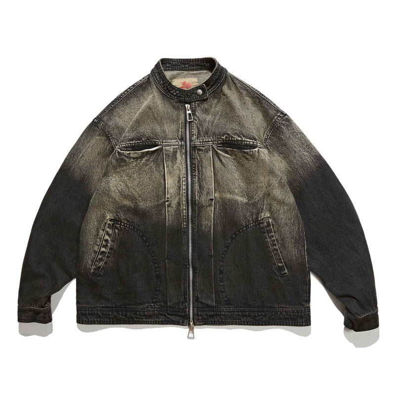 Unisex Boxy Denim Jacket in Oversized Cut with Two-Tone Wash and Stand Collar Fashion Glam