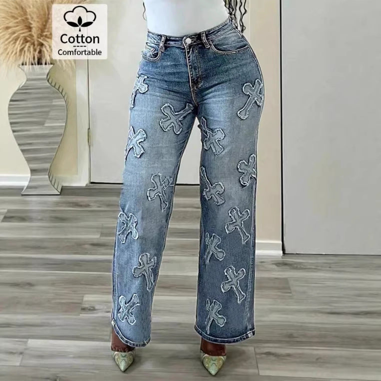 Women's high-waisted straight-cut jeans with cross appliqués made of cotton denim Fashion Glam