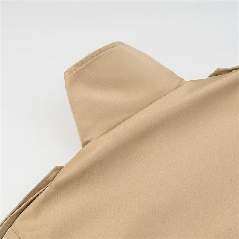 Women's Short Trench Coat with Stand Collar, Waist Belt and Contrast Cuffs Fashion Glam