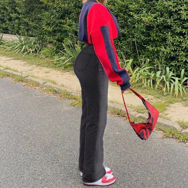 Women's high-waisted straight denim pants with shaping waistband and longer leg Fashion Glam