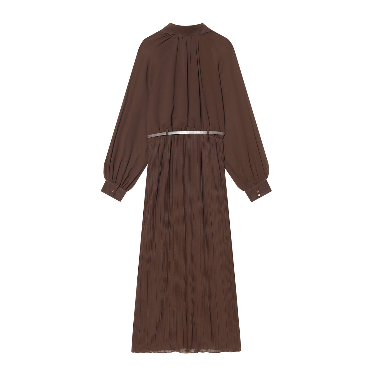Women Pleated Shirt Dress with Balloon Sleeves, Concealed Button Placket, and Waist Belt Fashion Glam