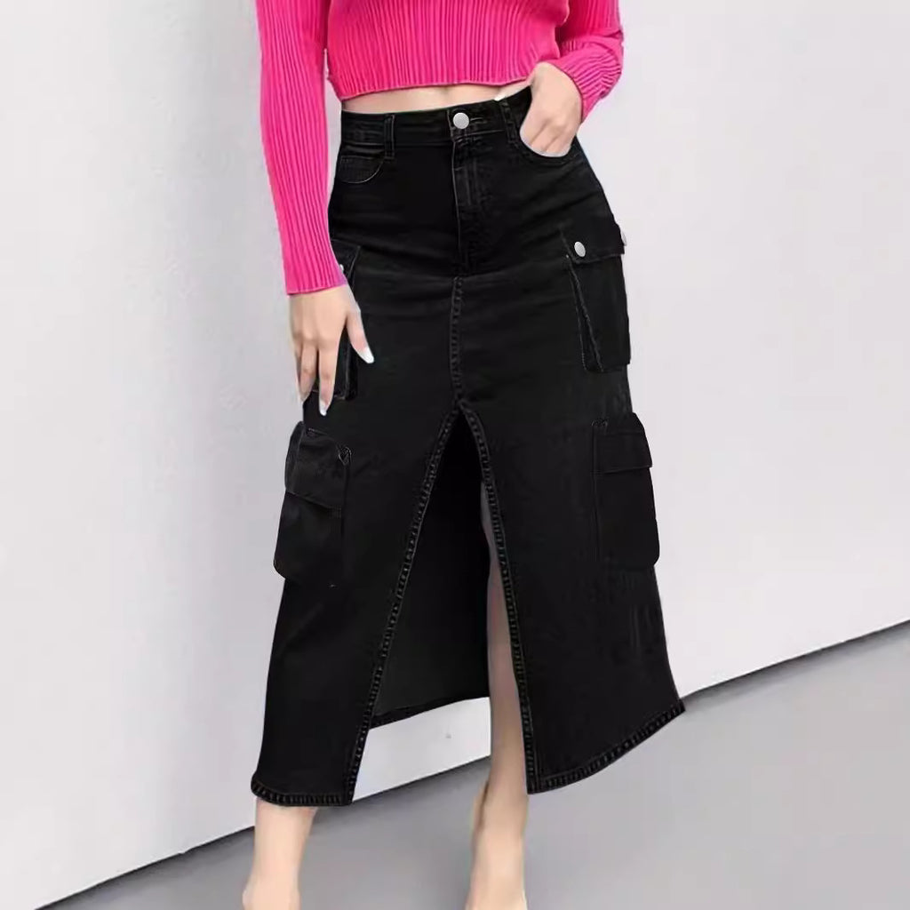 Ladies High-Waist Cargo Denim Midi Skirt with Front Slit Fashion Glam