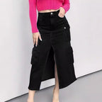 Ladies High-Waist Cargo Denim Midi Skirt with Front Slit Fashion Glam
