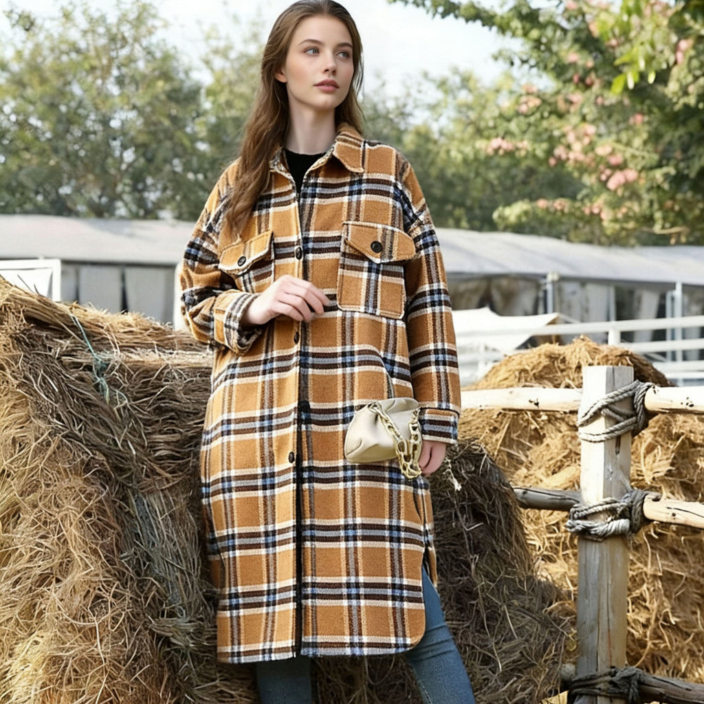 Women's Oversize Check Shirt Jacket in Longline Cut with Patch Chest Pockets Fashion Glam