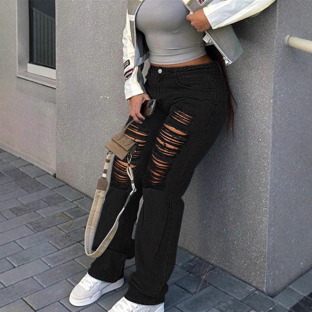 Women wide Destroyed-Denim-Jeans with high waist and strong Ripped-look Fashion Glam