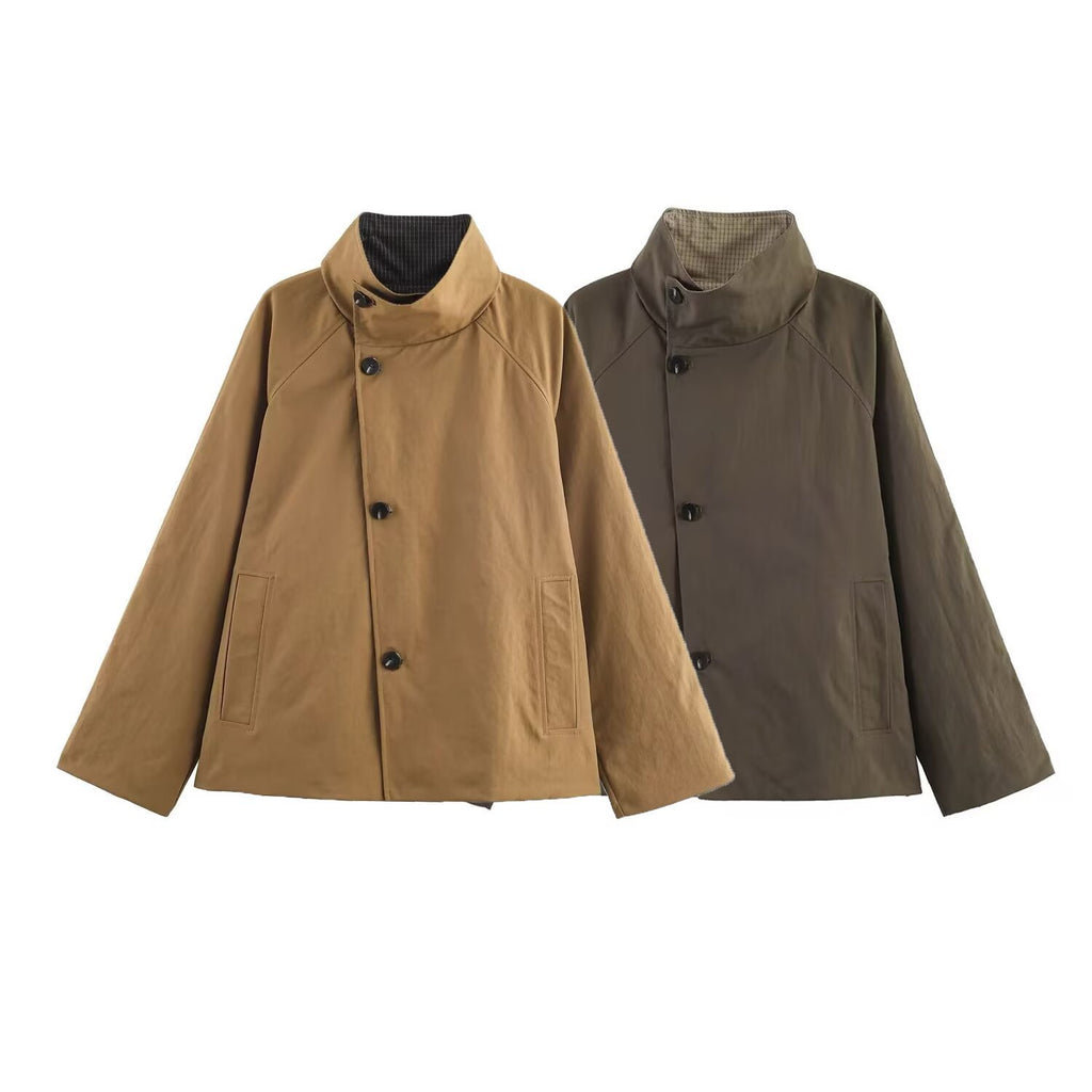 Women's Oversized Short Coat with High Stand Collar, Raglan Sleeves and Concealed Button Placket Fashion Glam