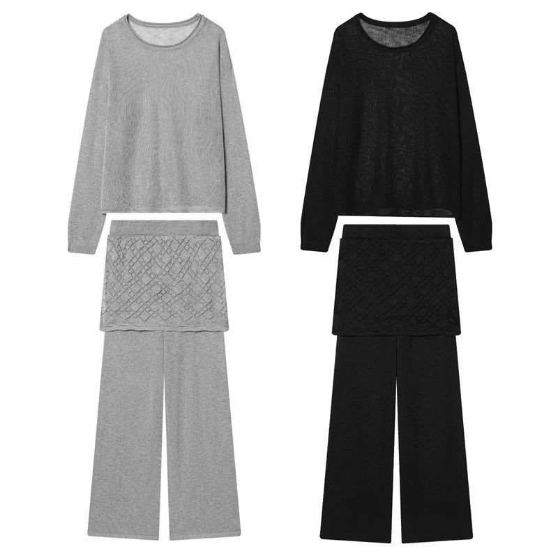 Women's Fine Knit Loungewear Set with Round Neck Sweater, Wide Palazzo and Structured Skirt Overlay Fashion Glam