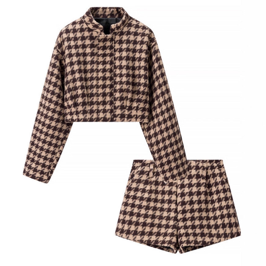 Women's Houndstooth Wool Blend Two-Piece made of Short Jacket and High-Waist Shorts Fashion Glam