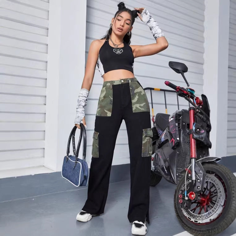 Women High-Waist Utility Jeans with Camouflage Panels and Patch Cargo Pockets Fashion Glam