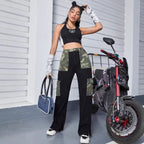 Women High-Waist Utility Jeans with Camouflage Panels and Patch Cargo Pockets Fashion Glam