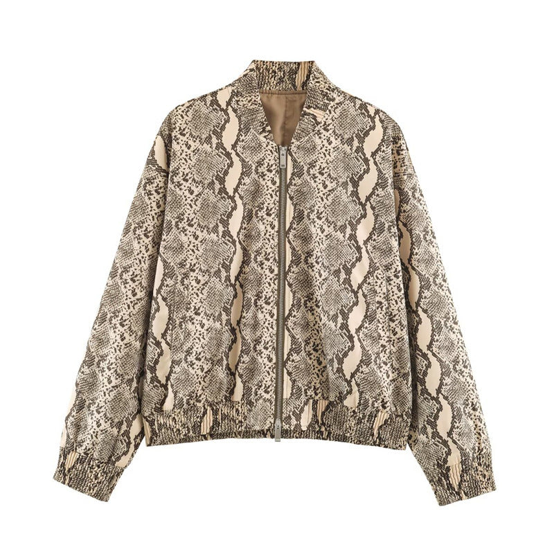 Ladies Oversize Bomber Jacket with Snake Print and Elastic Hem Fashion Glam