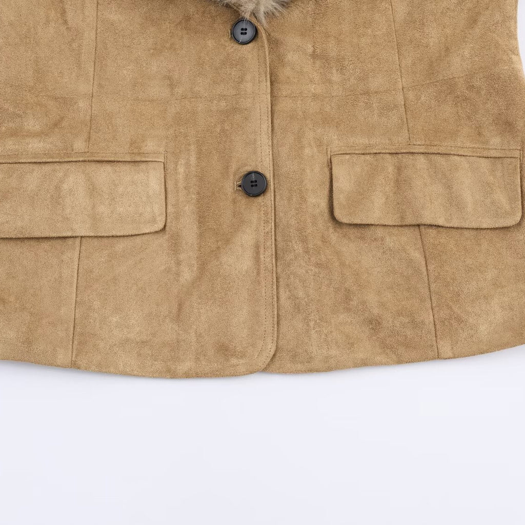 Women's short jacket made of faux suede with voluminous faux fur collar and fur cuffs Fashion Glam