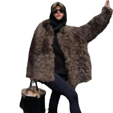 Women's Oversize Faux Fur Coat in Teddy Look with High Collar Fashion Glam