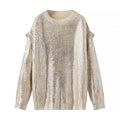 Women's Shimmering Oversized Knit Sweater with Cut-Out Shoulders Fashion Glam