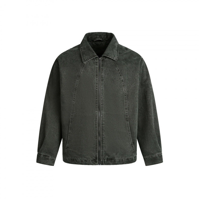 Men's Oversized Canvas Jacket with Shirt Collar, Raglan Seams and Full-length Zipper Fashion Glam