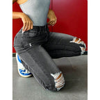 Women's waist-fitting stretch skinny jeans with distressed knees and five-pocket design Fashion Glam