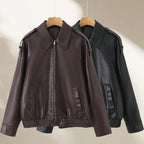 Women's Oversized Faux Leather Flight Jacket with Bonded Collar, Shoulder Epaulettes, and Elastic Hem Fashion Glam