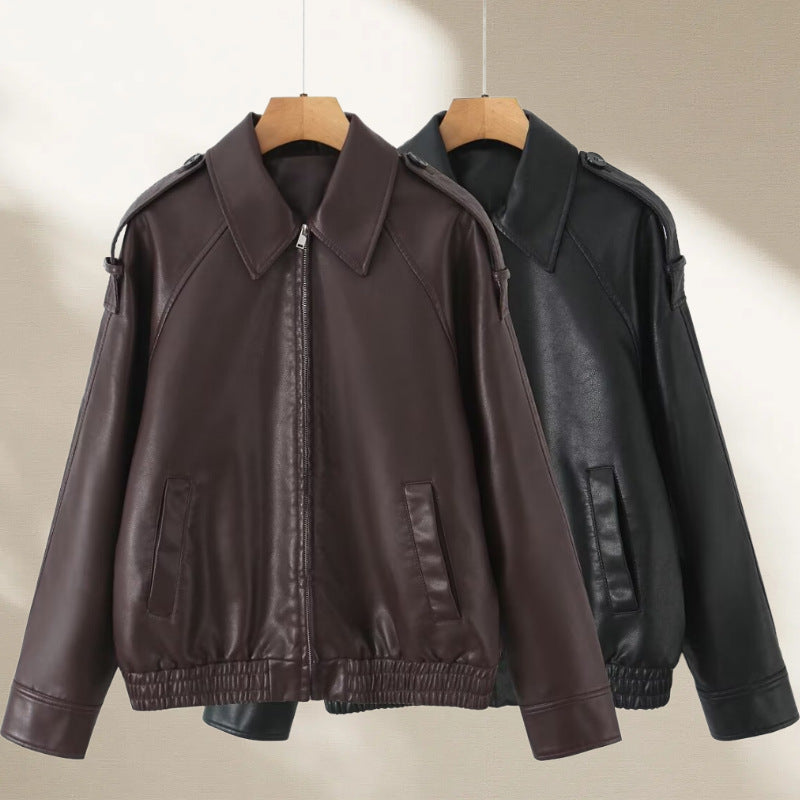 Women's Oversized Faux Leather Flight Jacket with Bonded Collar, Shoulder Epaulettes, and Elastic Hem Fashion Glam