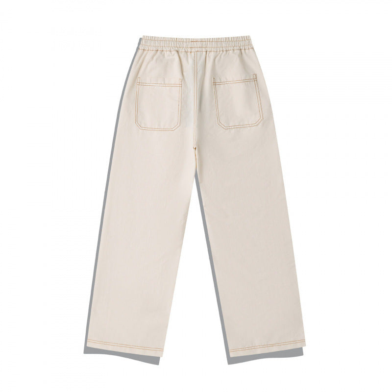 Unisex Wide Denim Pants with Elastic Waistband, Drawstring and Quilted Knee Patch Fashion Glam