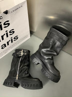 Women’s Mid-Calf Biker Boots with Zipper, Buckle Strap, and Chunky Platform Sole Fashion Glam