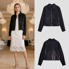 Women's short jacket with full-length zipper and gradient sequin trim Fashion Glam