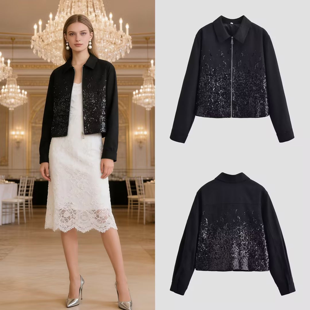 Women's short jacket with continuous zipper and sequin front Fashion Glam