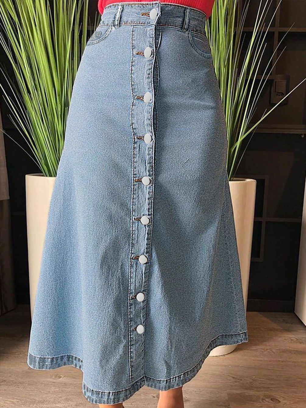 Ladies mid-length denim skirt with continuous button placket and high-waisted A-line cut Fashion Glam