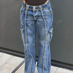 Women's high-waisted cargo jeans with vertical decorative seams and wide leg Fashion Glam