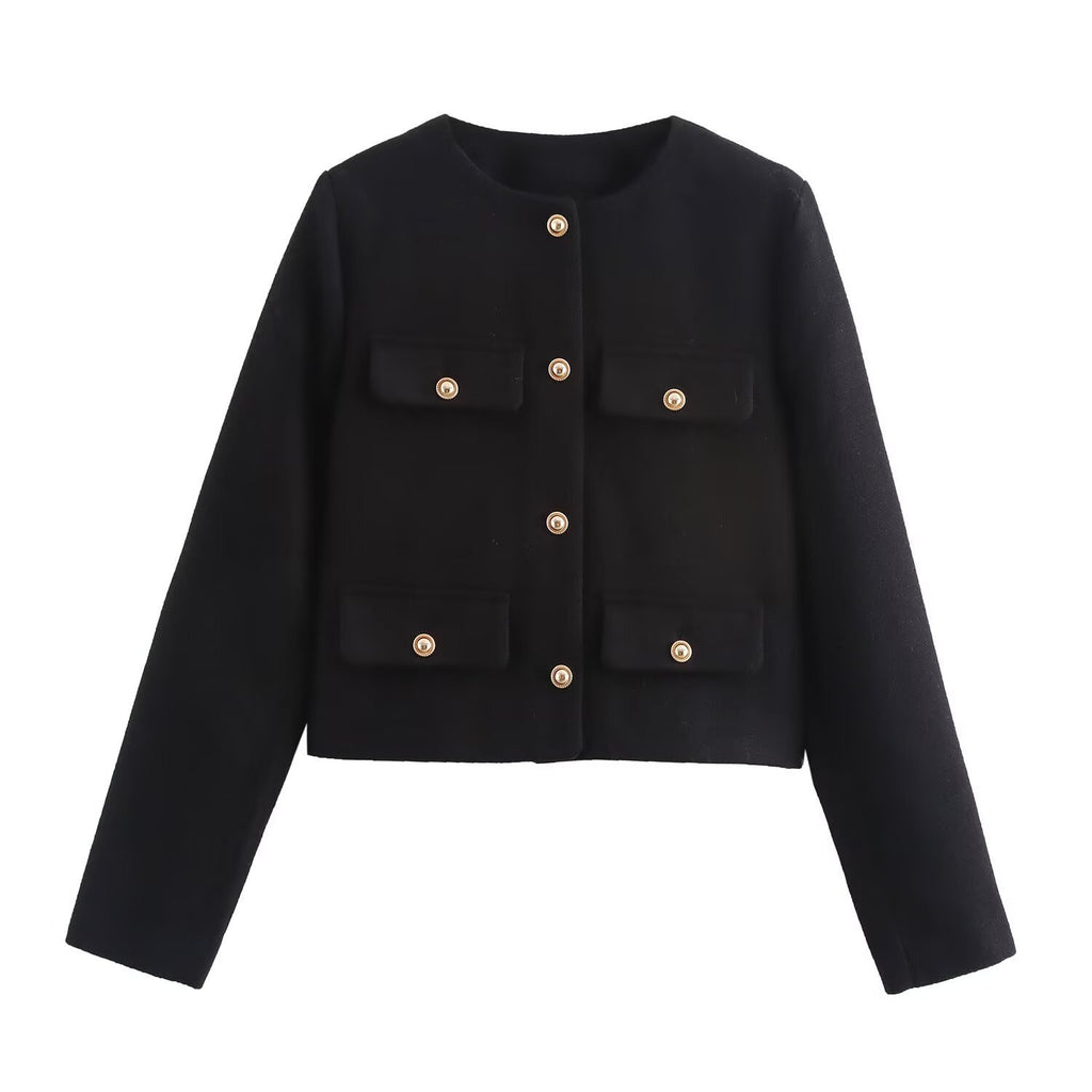 Women Short-Cut Boucle Blazer with Round Neckline, Four Flap Pockets and Gold Decorative Buttons Fashion Glam