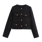 Women Short-Cut Boucle Blazer with Round Neckline, Four Flap Pockets and Gold Decorative Buttons Fashion Glam