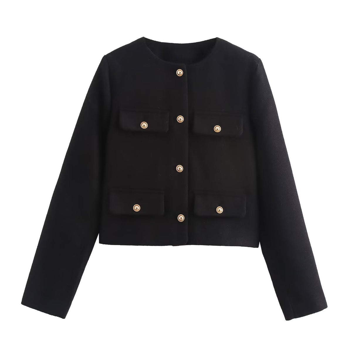 Women Short-Cut Boucle Blazer with Round Neckline, Four Flap Pockets and Gold Decorative Buttons Fashion Glam