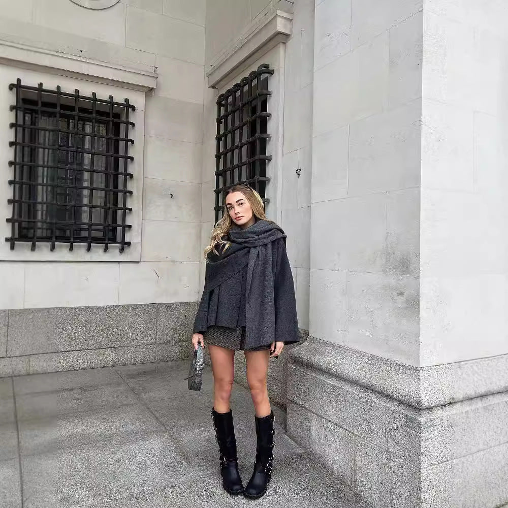Women's Layered Poncho with Sleeves and Button Collar Fashion Glam