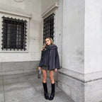 Women's Layered Poncho with Sleeves and Button Collar Fashion Glam