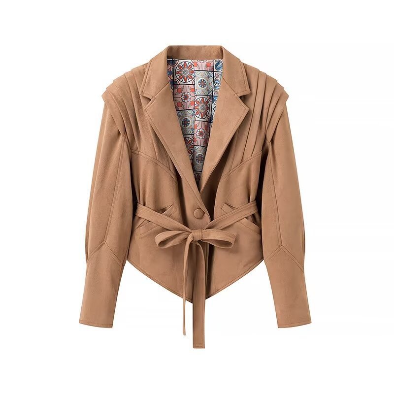 Women's Tailored Suede Wrap Blazer with Padded Shoulders and Tie Belt Fashion Glam