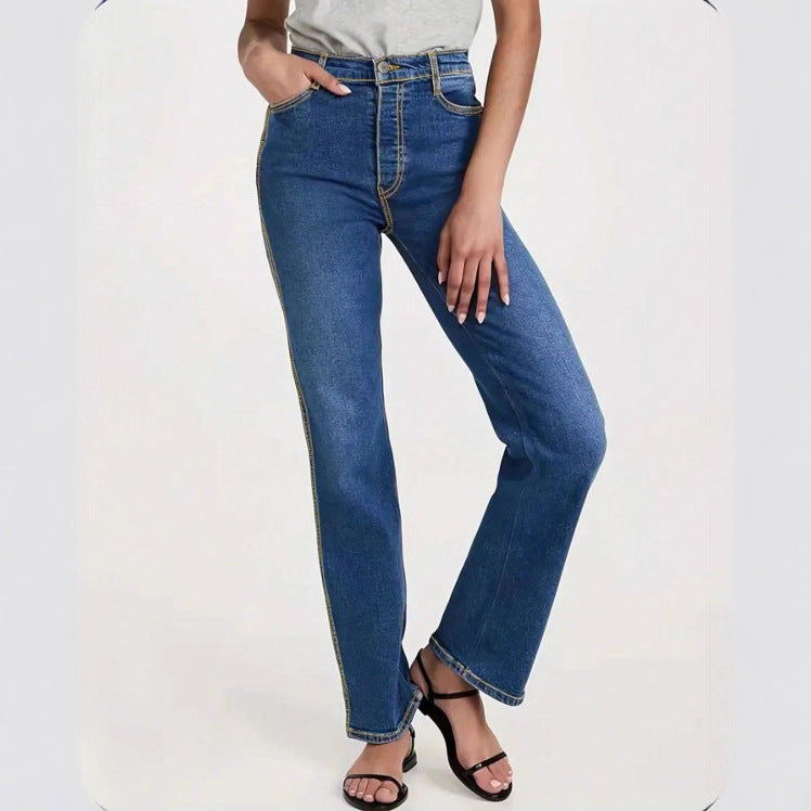 Women High-Waisted Straight-Leg Jeans with a Slight Flare and Five-Pocket Design Fashion Glam