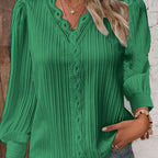 Women Pleated V-Neck Blouse with Lace Trim and Balloon Sleeves Fashion Glam