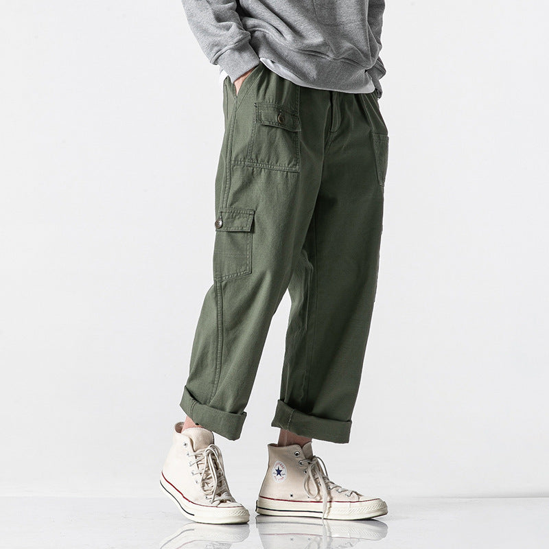 Men's loose cotton cargo pants in baggy cut with multifunctional pockets and rolled hem Fashion Glam