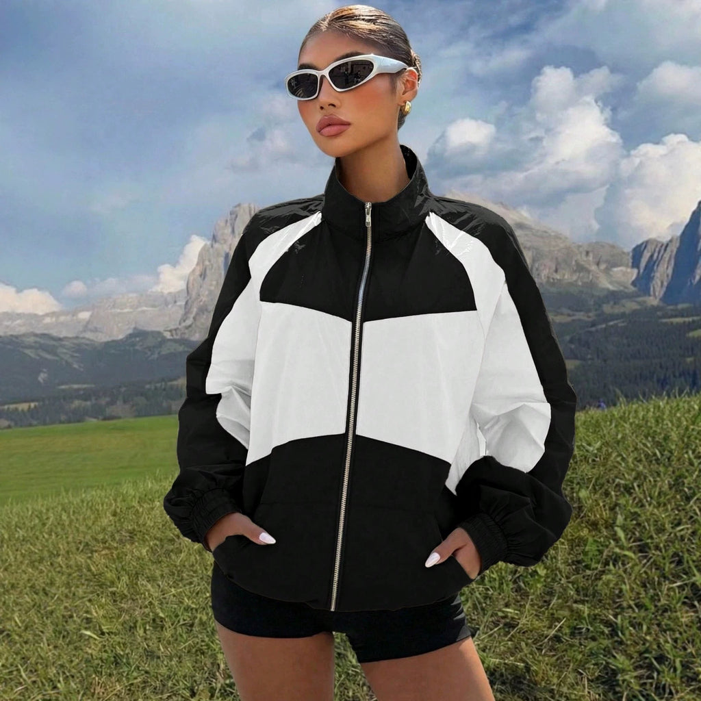 Women’s Lightweight Windbreaker Jacket with High Stand Collar and Colorblock Design Fashion Glam