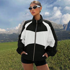 Women’s Lightweight Windbreaker Jacket with High Stand Collar and Colorblock Design Fashion Glam