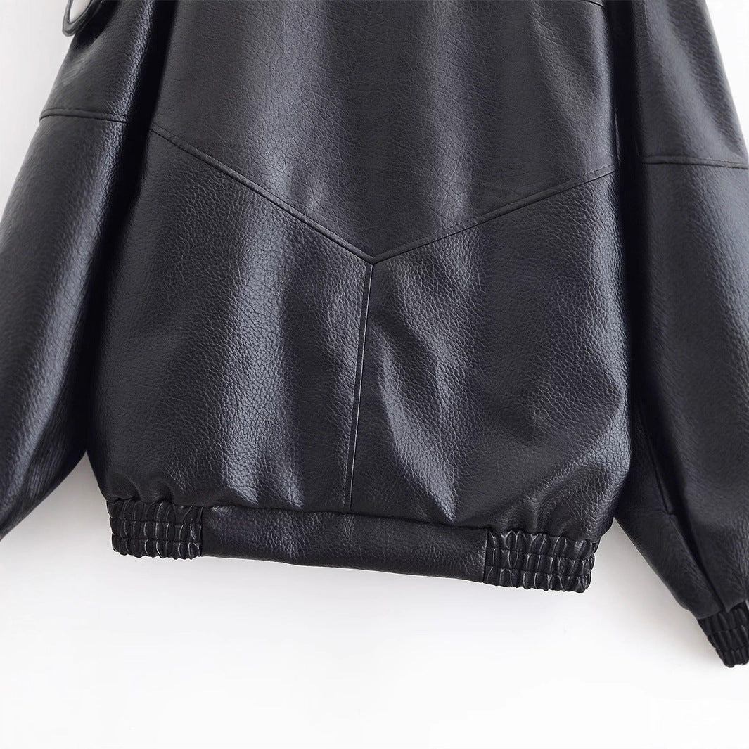 Women's faux leather crossover jacket in bomber style with high stand-up collar Fashion Glam