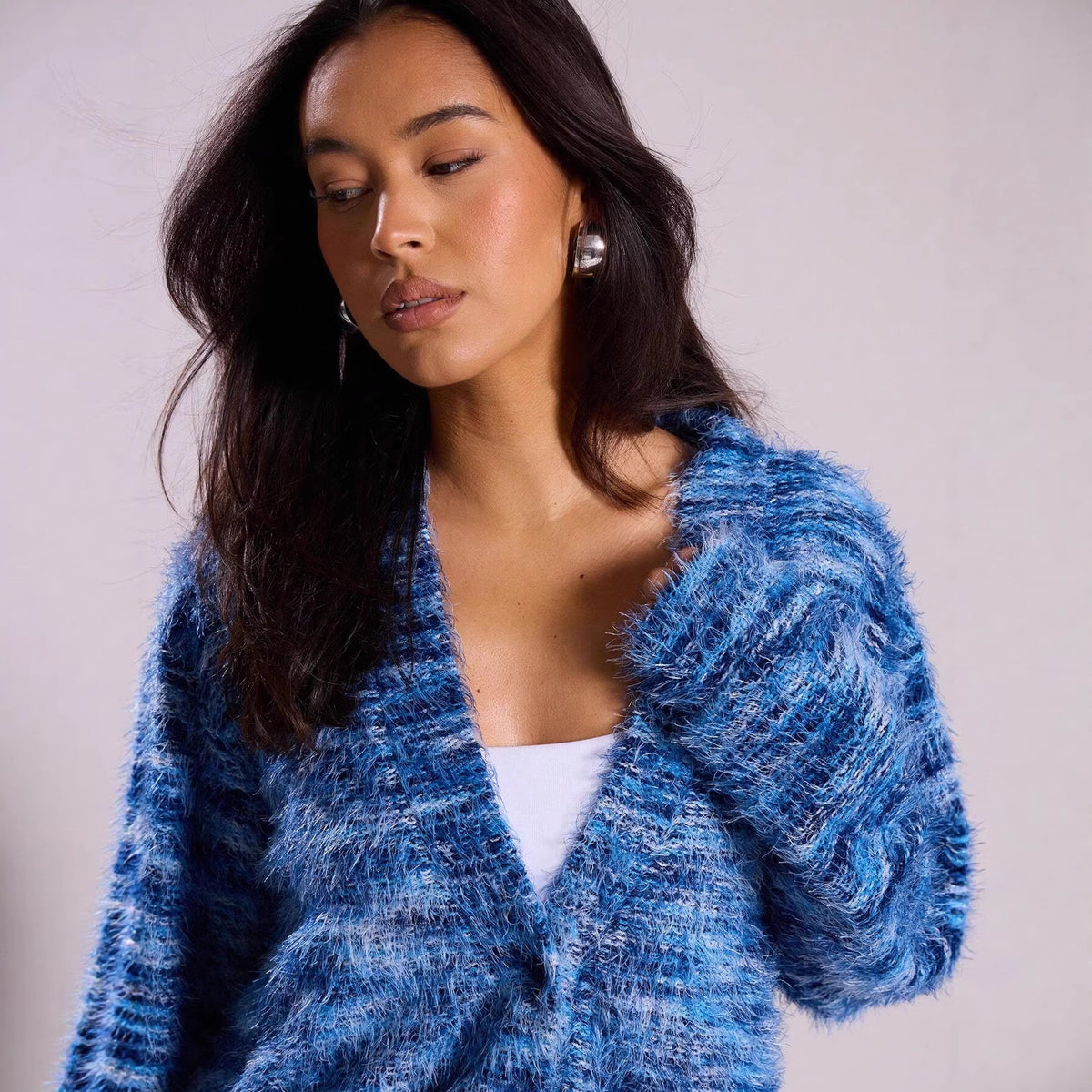 Women's Fluffy Chunky Knit Cardigan with V-Neck Fashion Glam