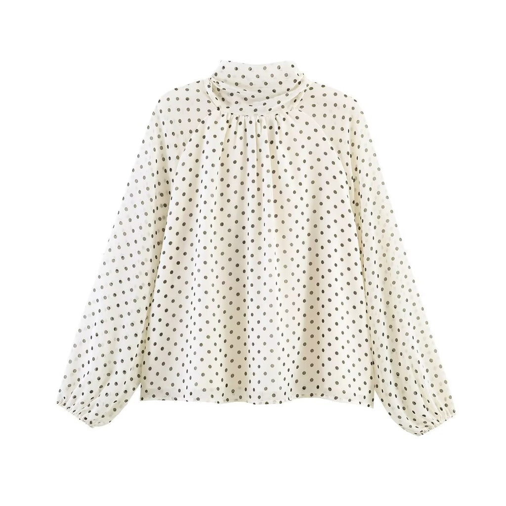 Women Loose Blouse with High Stand Collar, Balloon Sleeves and Polka Dot Print Fashion Glam