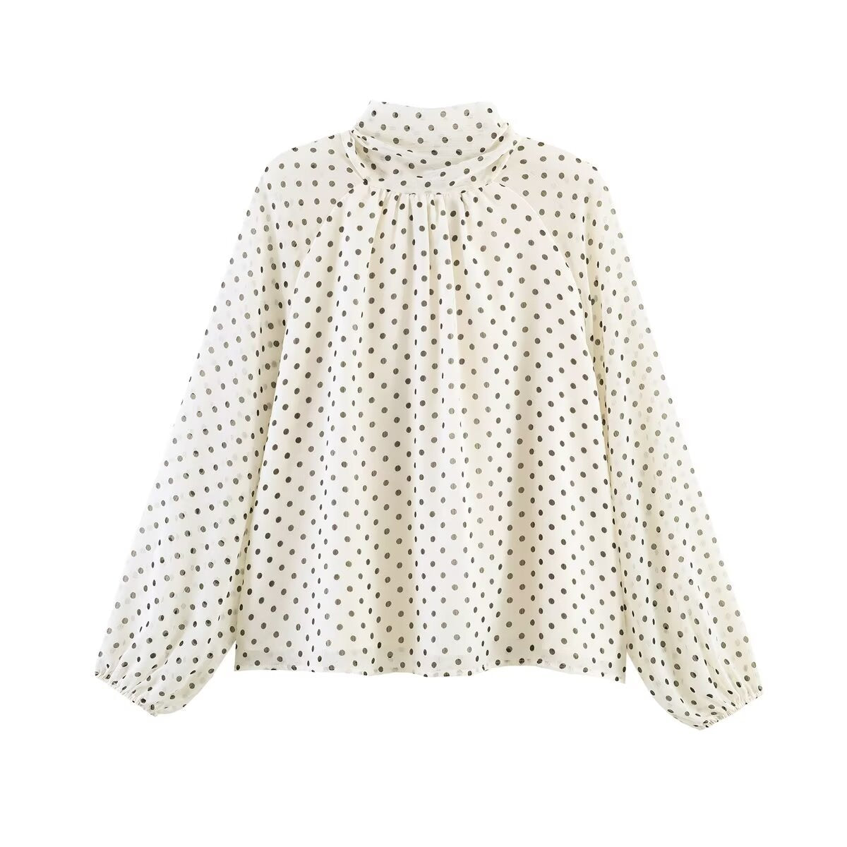 Women Loose Blouse with High Stand Collar, Balloon Sleeves and Polka Dot Print Fashion Glam