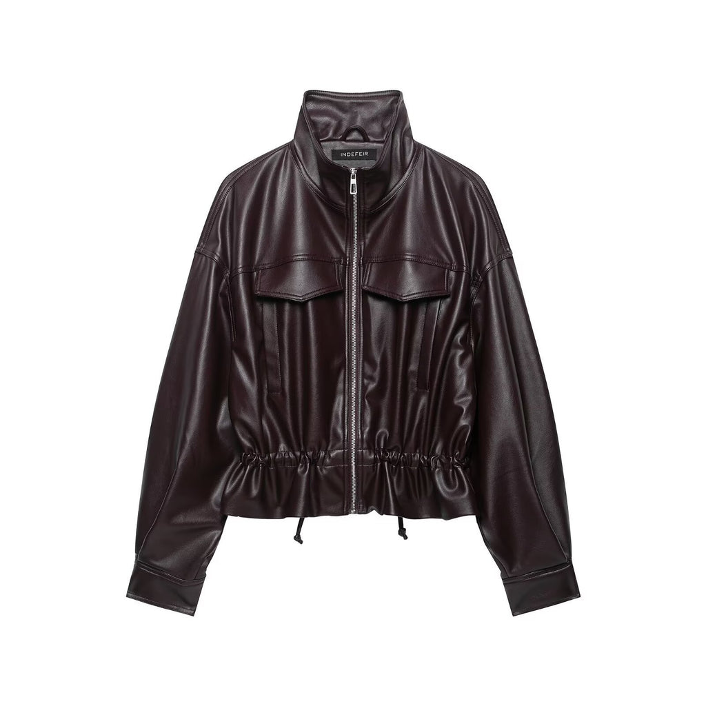 Women's cropped faux leather bomber jacket with drawstring waist Fashion Glam